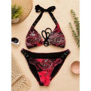 Sinful by Affliction Embellished Bikini Set Women's M Pink Black Skull Heart